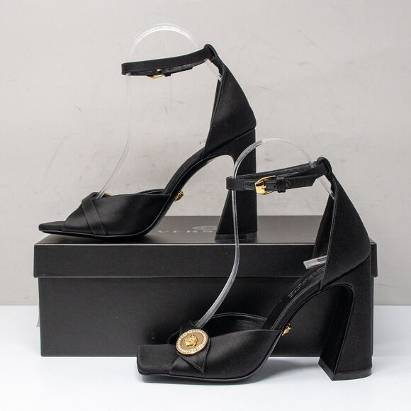 Versace Medusa Crystal Gold Medallion Black Satin Sandals, Size 37 EU (7 US) - Picture 3 of 11